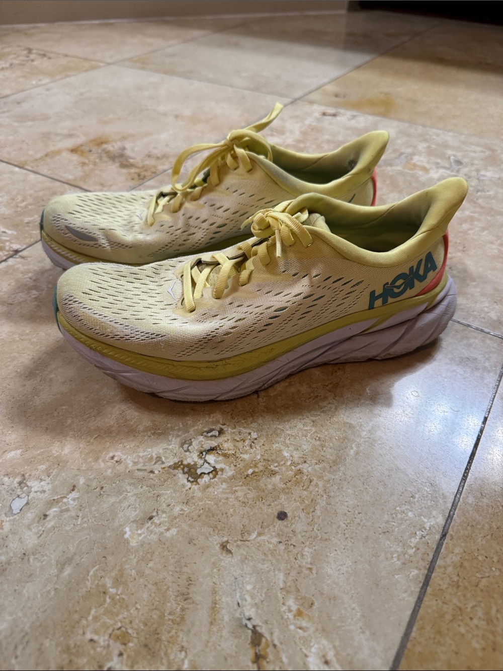 Hoka Light Yellow Running Sneakers with Blue Logo